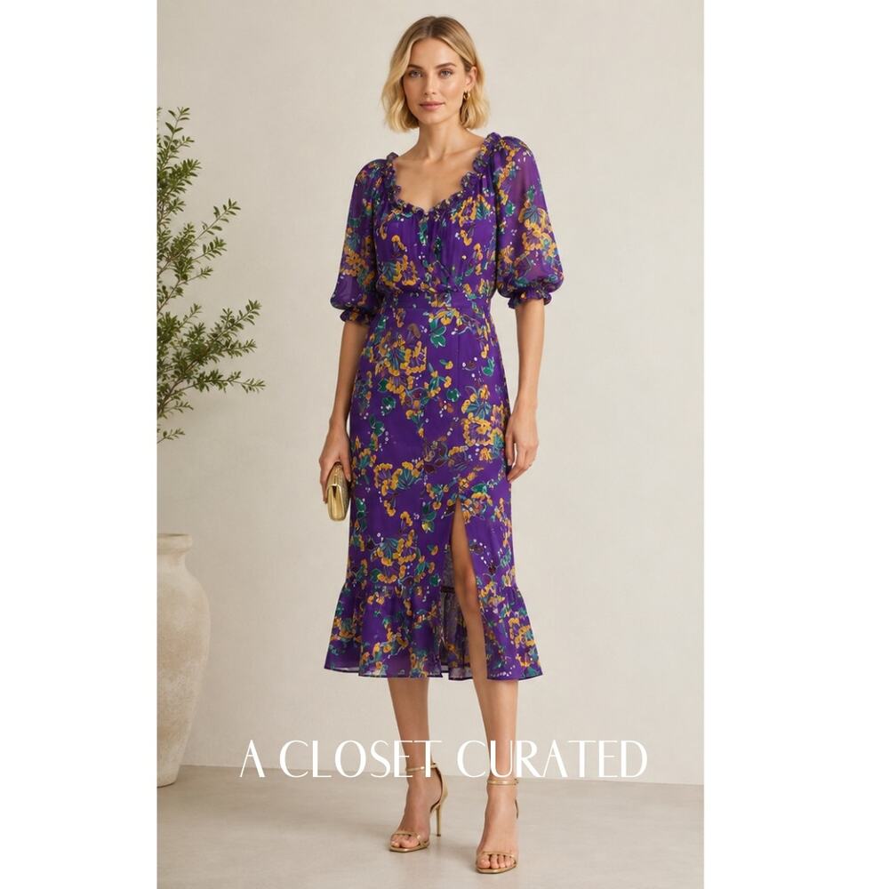Saloni Olivia Silk Midi Dress 8 Purple